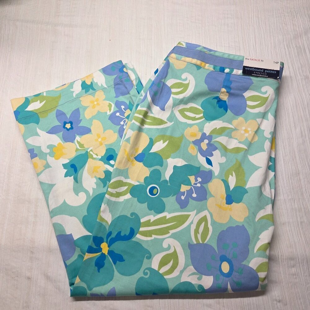 Westbound Petites Stretch 14P Bright Teal Yellow Floral Summer Chino Capri Pants